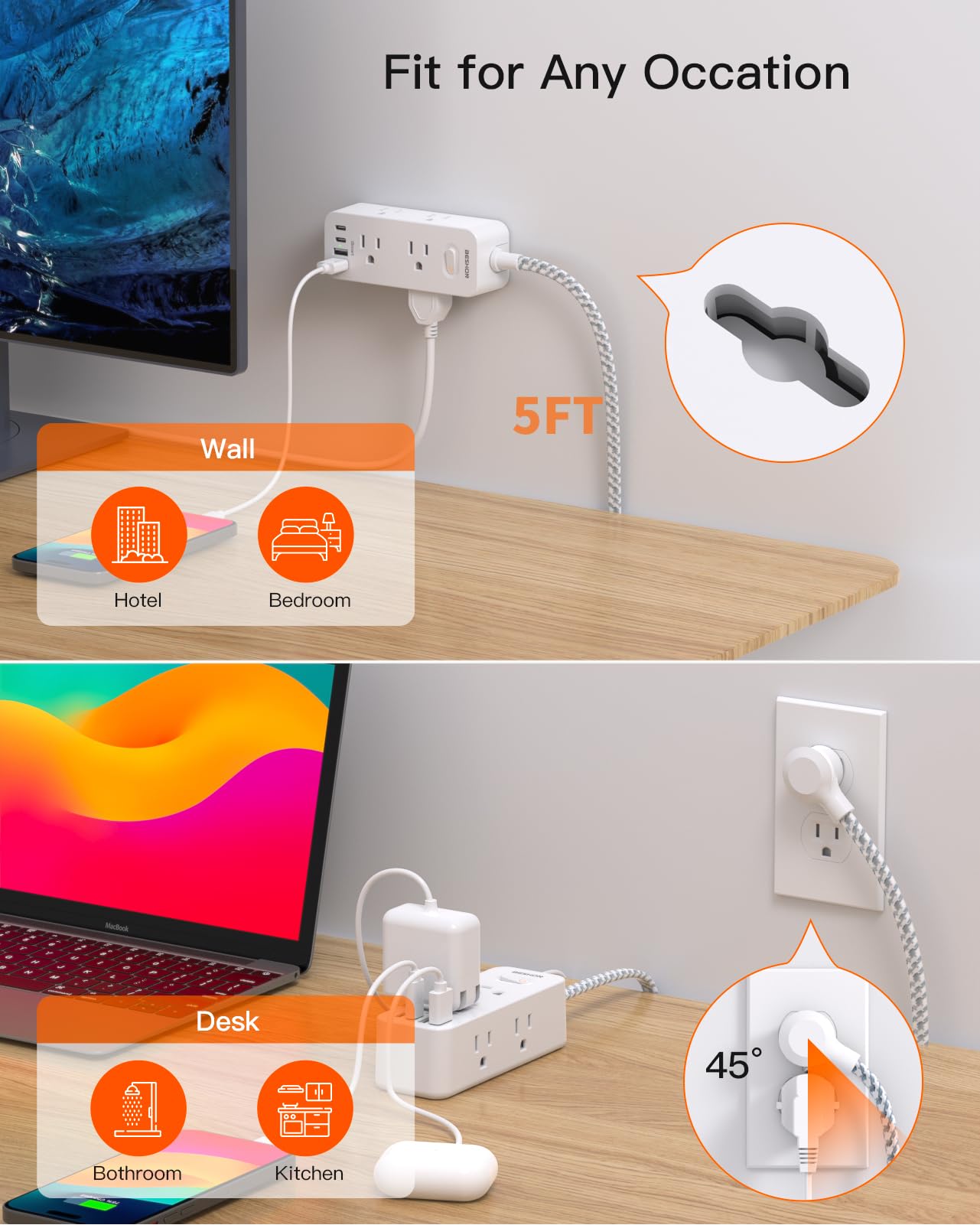 Power Strip Surge Protector, BESHON 5Ft Extension Cord, 6 Outlets with 4 USB Ports (2 USB C Outlet), 3-Side Outlet Extender, Wall Mount, Compact for Travel, Home, School, College Dorm Room and Office