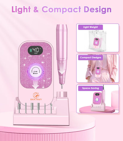 Portable Nail Drill Electric File: 40000RPM Professional Rechargeable Nail E-File Machine, Cordless Nail Drill with Bits & Base for Acrylic Nails Remove Nail Gel Polish Manicure for Salon Home, White