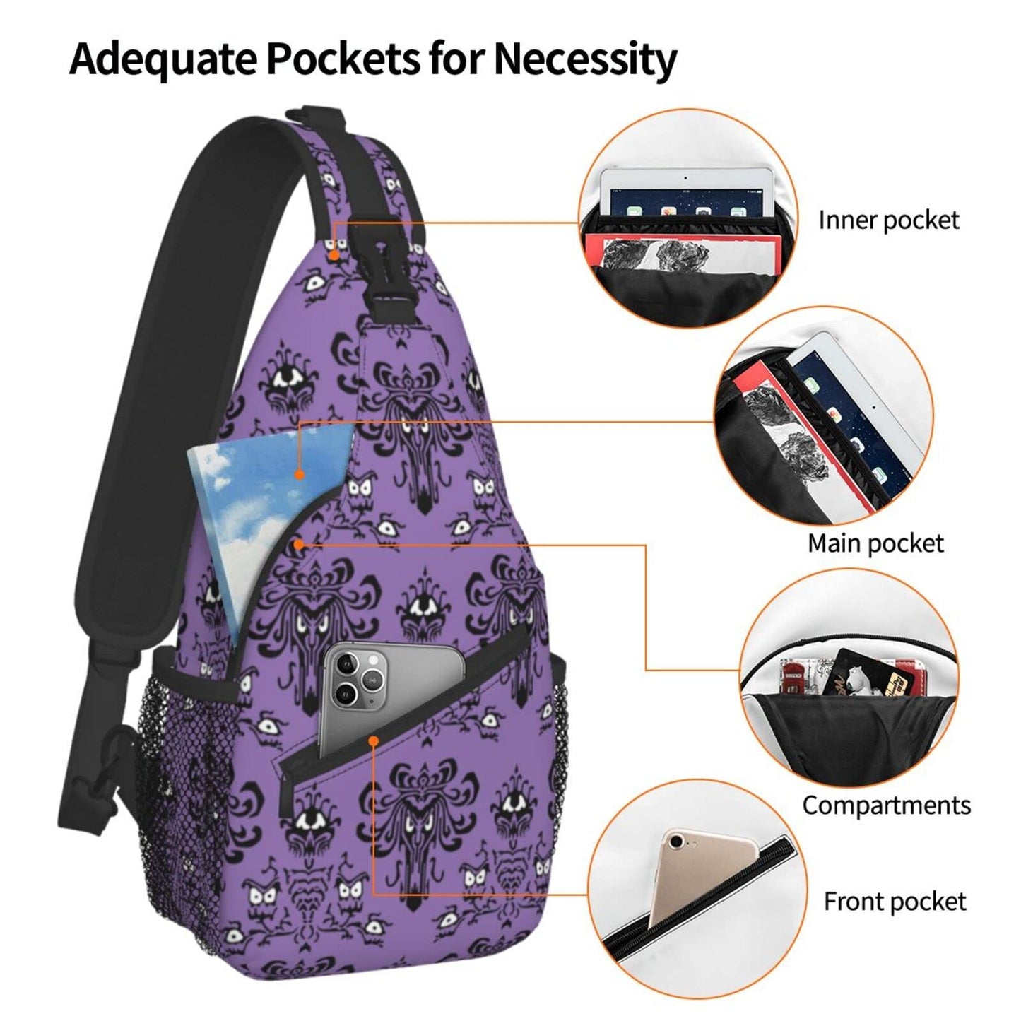 Haunted the Mansion Sling Bag Crossbody Travel Hiking Chest Backpack One Shoulder Daypack for Women Men Unisex Cycling Gym