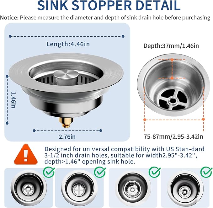 3-in-1 Kitchen Sink Drain Strainer & Sink Stopper