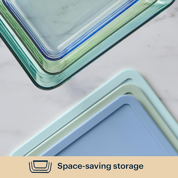 Pyrex Colors Tinted Glass Rectangle Food Storage Container Set, Snug Fit
