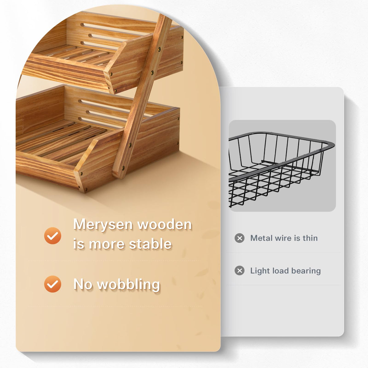 Merysen 3-Tier Wooden Fruit Basket For Kitchen Countertop, Bread Vegetable Basket Bowl Stand, Large