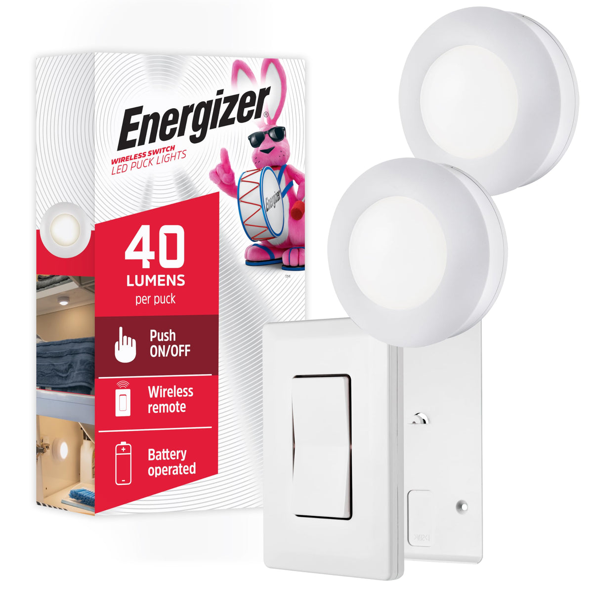 Energizer LED Puck Lights, Wall Switch Remote, 2 Pack, Battery Operated, Under Cabinet Lighting, Wireless Lights, 50 ft Range, Perfect for Kitchen Under Cabinet, Laundry Room, and More, 58822-T1