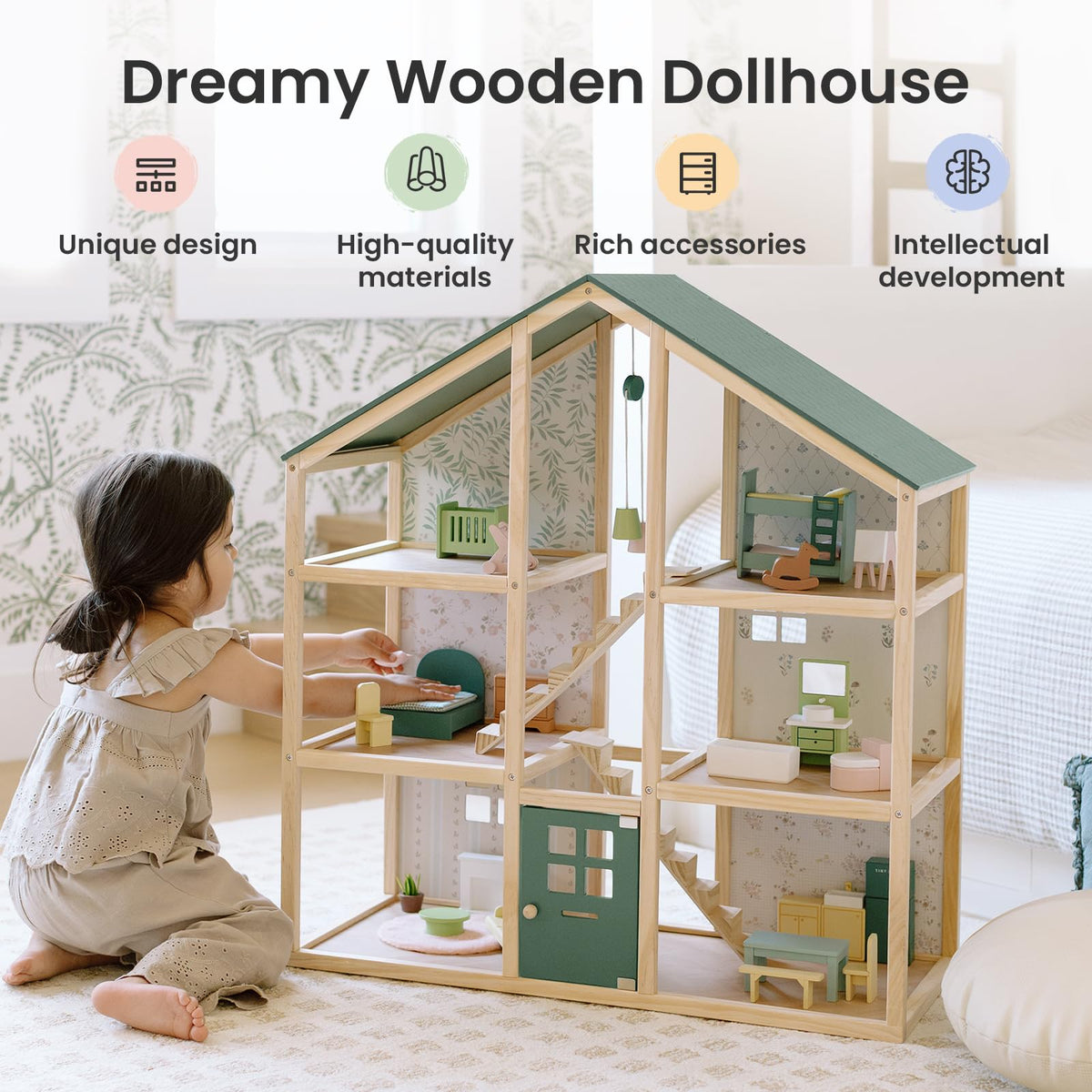 Tiny Land Wooden Dollhouse，Wooden Dollhouse Animal Set
