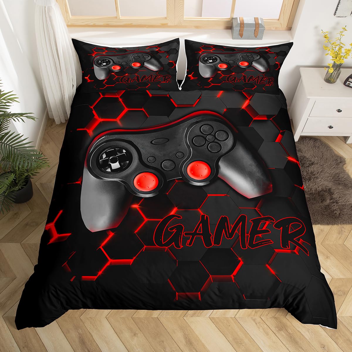 Video Games Reversible Bedding Set,Red Honeycomb Duvet Cover for Kids Teens,Hexagon Gamepad Comforter Cover Decorative Room,Console Game Controller Quilt Cover with 2 Pillowcases,King Size