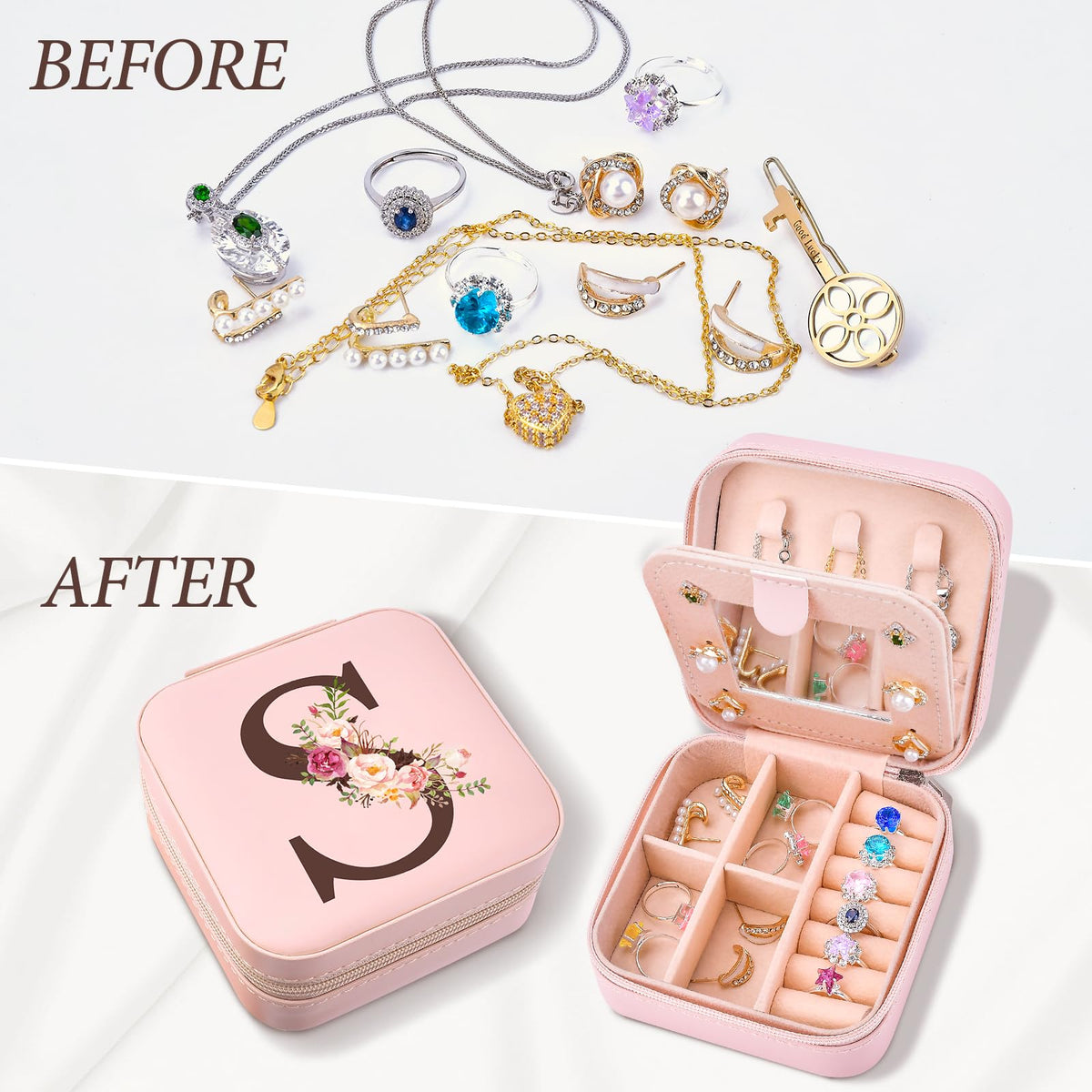 Inngeroo Mothers Day Mom Gifts for Wife Daughter Grandma, Travel Jewelry Case Box Organizer, Personalized Gifts for Women Teen Girls Mom Aunt Sister, Bridesmaid Gifts Traveling Essentials, Initial S