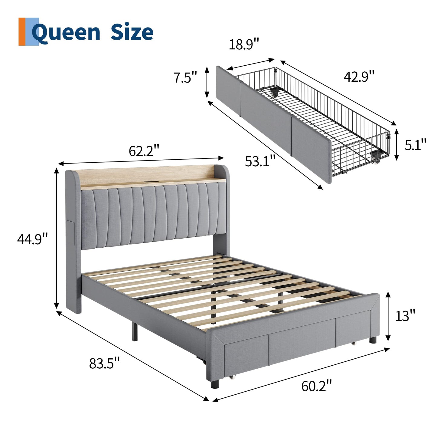 Garvee Queen Upholstered Platform Bed Frame with Storage Headboard, Drawers, Built-in Charging Station, Sturdy & Noise-Free, No Box Spring Needed, Easy Assembly, Grey