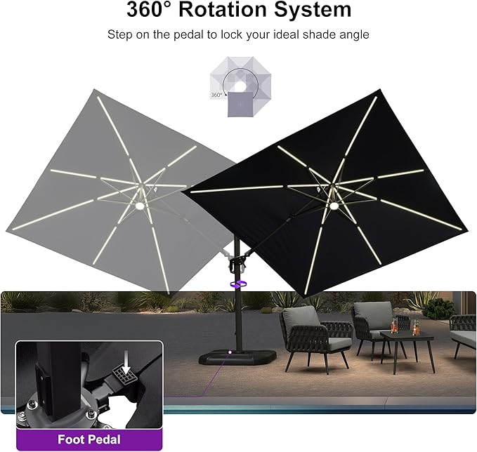 PURPLE LEAF 10 Feet Patio Umbrella with Base Outdoor Patio Solar Powered LED Swivel Square Umbrella Aluminum Offset Umbrella with 360-degree Rotation for Garden Deck Pool Patio, Navy Blue