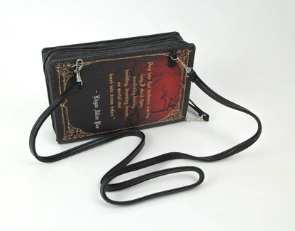 The Raven Book-Shaped Novelty Clutch Purse in Black Vinyl - Comes With Wrist Strap - A Gothic Crossbody Handbag Inspired by Edgar Allan Poe's Enigmatic Tale