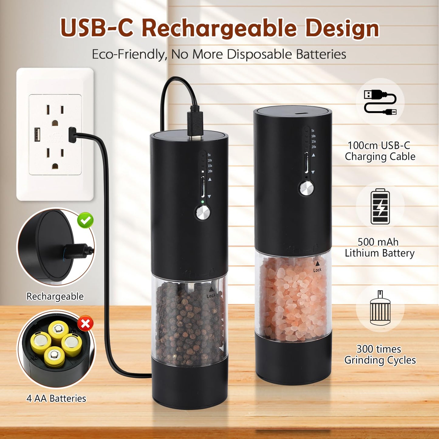Hxro Electric Salt and Pepper Grinder, 120ml Capacity, 4 Level Timer, Salt and Pepper Mill with LED, USB Rechargeable, Adjustable Coarseness Grinder for Kitchen (2, Black&White Set)