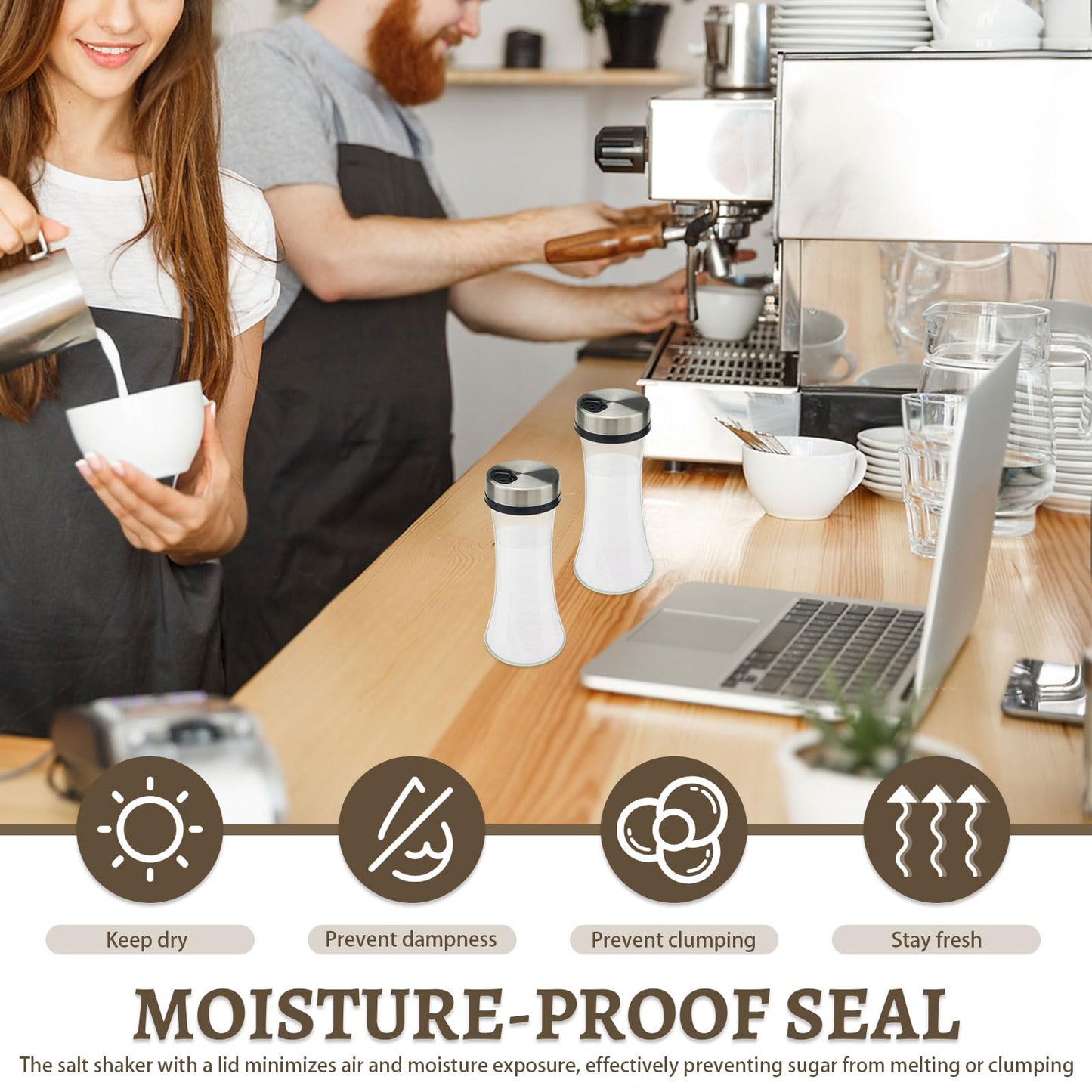 Realand 2 Pack Sugar Dispenser with 3 Adjustable Pour Spout, 6.8oz Glass Sugar Shaker Pourer Jar for Coffee Bar & Station, Airtight Salt and Pepper Shakers Spice Container