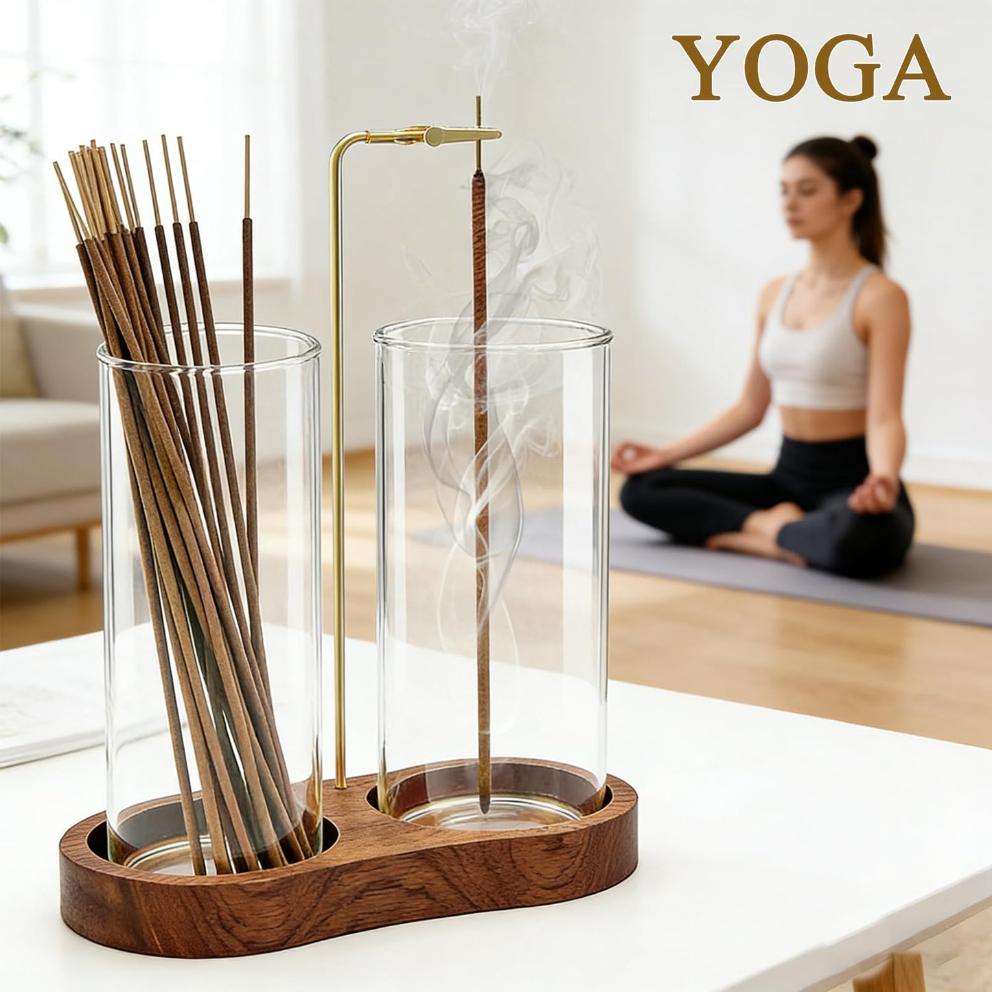 Ceremony Incense Holder, 2 in 1 Wooden Incense Holder for Sticks, Anti-ash Incense Burner with Glass Ash Catcher for Meditation Yoga Spa Room Decor