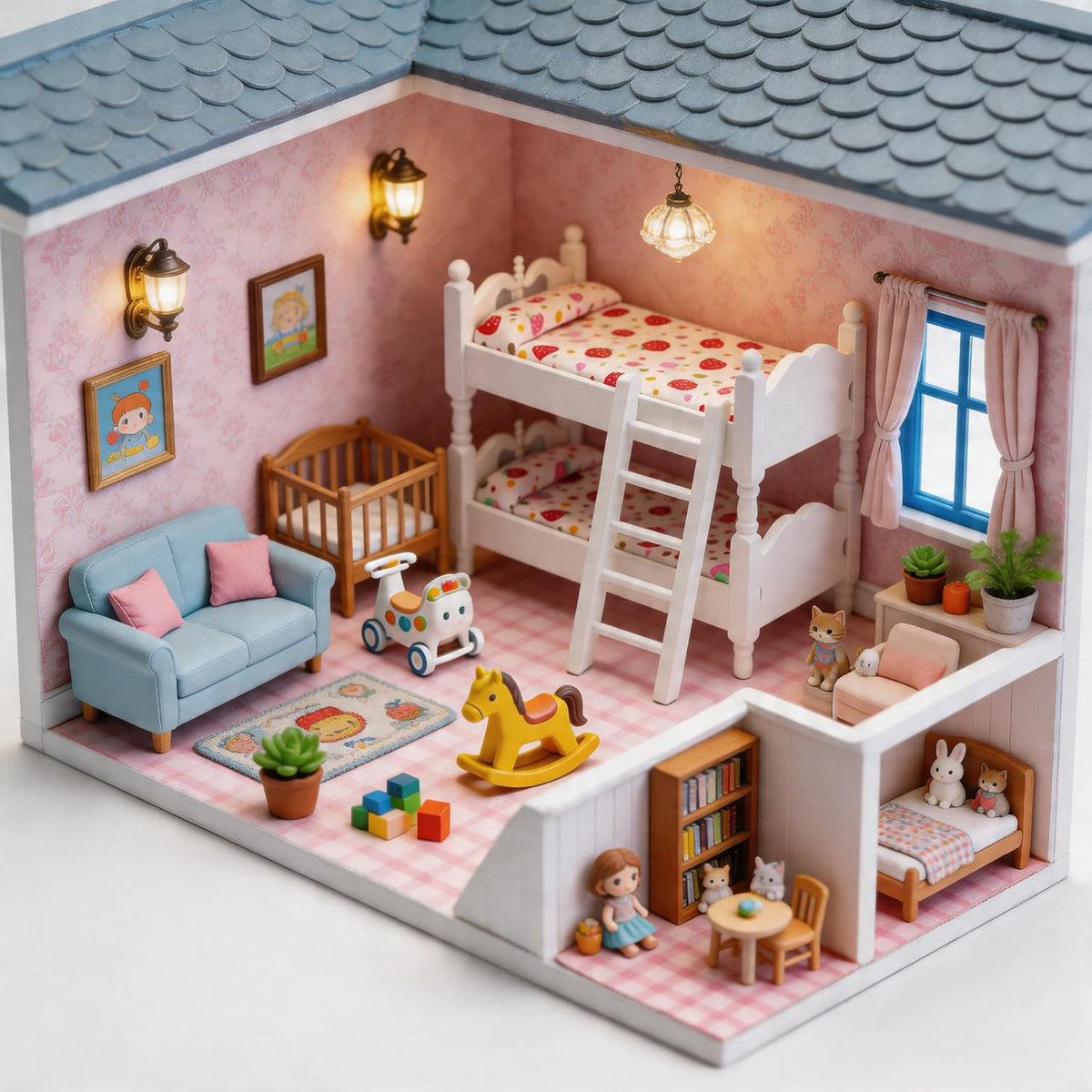 Z MAYABBO Wooden Dollhouse Furniture of Baby bunk Bed with Ladder for Miniature Dollhouse Accessories - 1/12 Scale