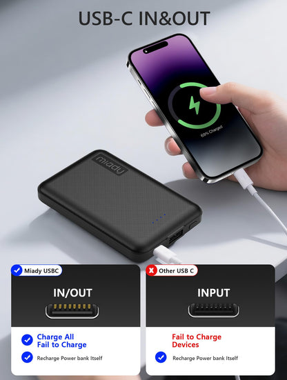 Miady 2-Pack 5000mAh Mini Portable Charger, 5V 2.4A USB-C Output Fast Charging Power Bank for Travel Small Battery Pack Compatible with iPhone 17/16/15 Galaxy S24/S22 iPad Android etc (2 Black)