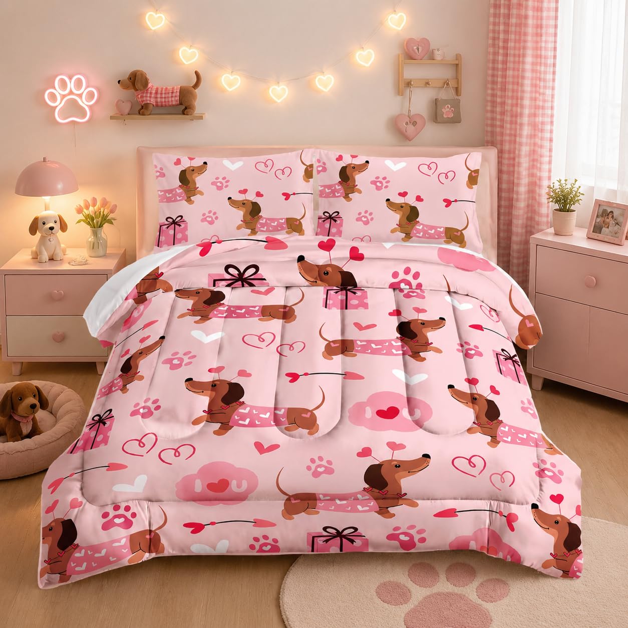 Nttopship Kids Cute Cartoon Dog Comforter Set 3 Piece Dog Bedding Set Twin Size for Kids Cute Pink Dogs Bedding Bed in A Bag Lovely Dog Alternative Room Decor 1 Comforter and 2 Pillowcases