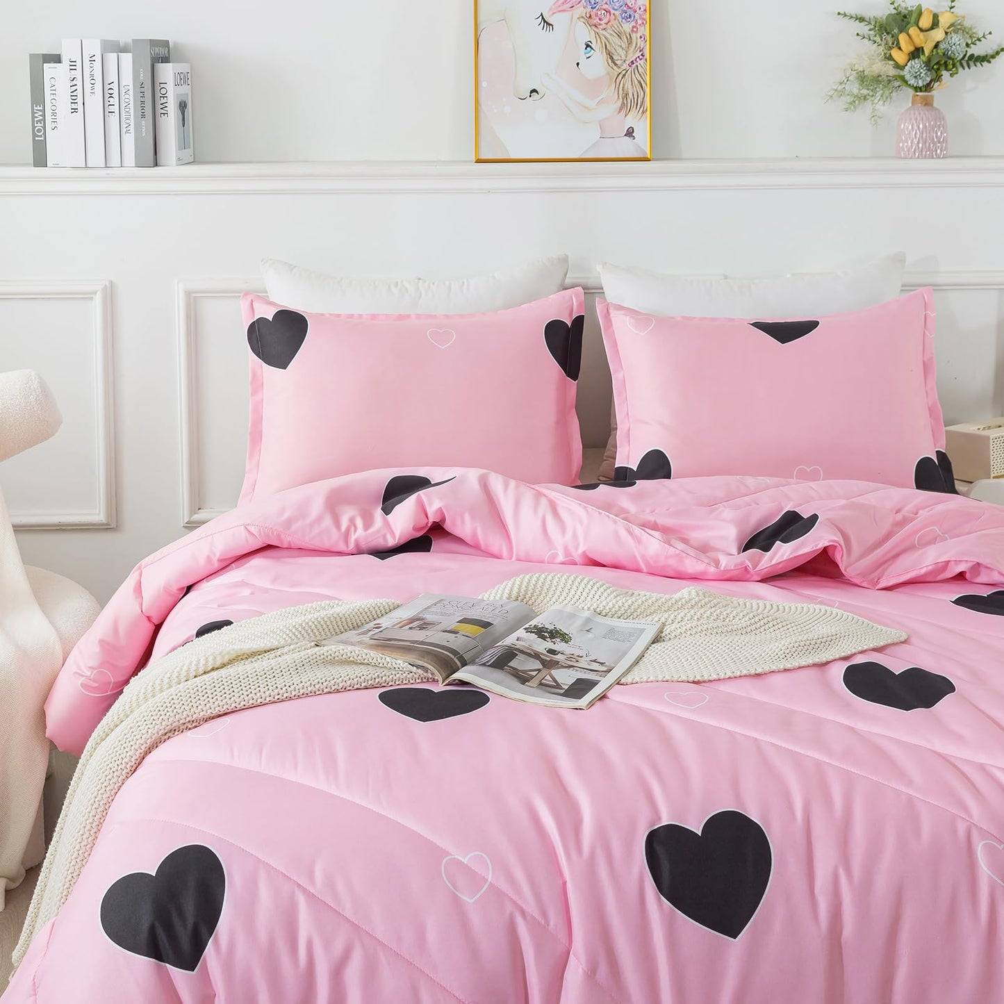 Caressma Girls Pink Comforter Set Twin Size - Blush Pink Cute Love Heart Print Comforter Bedding Set for All Seasons, Geometric Soft Microfiber Comforter Set with Pillowsham
