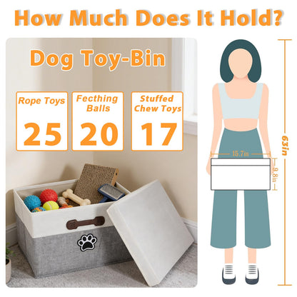 Brabtod Dog Toy Basket with Lid, Fabric Dog Toy Box with Handle, Collapsible Dogs Cat Toys Storage Bins,Pet Storage and Orgnizer-White/Gray
