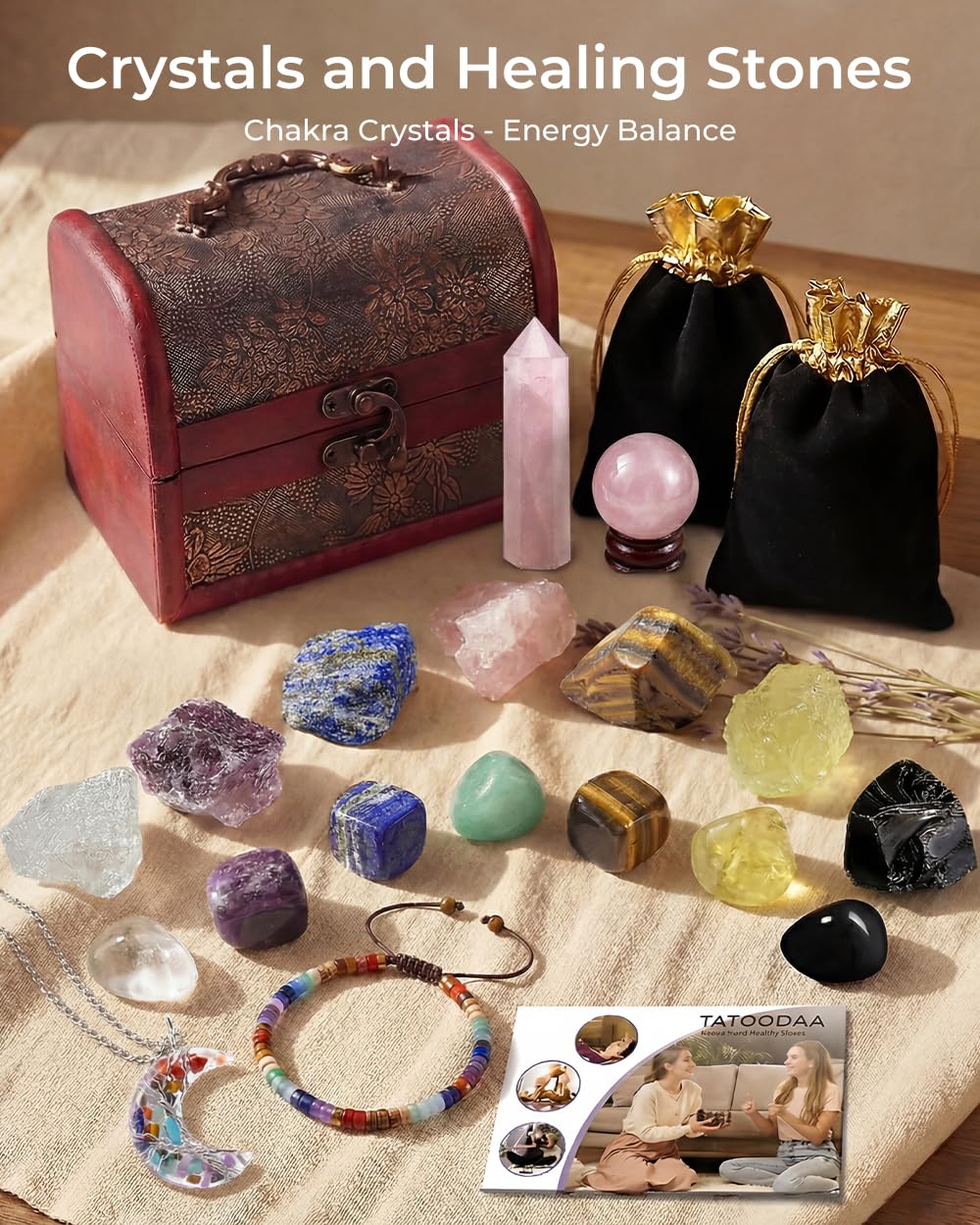 Crystals and Healing Stones Set, Chakra Healing Crystals, 7 Chakra Stones Set, Chakra Bracelets, Rose Crystal Wand and Ball, Reiki Energy Balance and Protection, Relief Anxiety Stress Gifts for Women