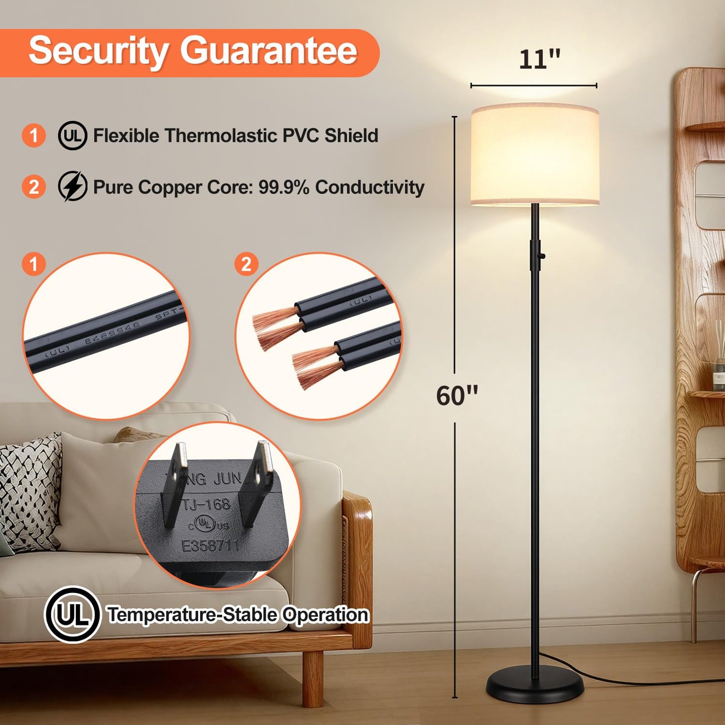 【Upgraded】 Dimmable Floor Lamp for Living Room,1000 Lumens Bulb Included, Modern Floor Lamps Simple Design with Linen Shade, Tall Standing Lamp for Bedroom Office Dining Room, Black Pole Lamp
