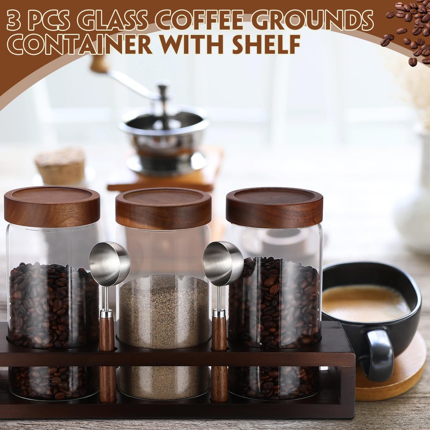 Suclain 3 Pcs Glass Coffee Bean Container 44 oz Airtight Coffee Canister with Shelf and Measuring Spoon Kitchen Food Canister Jar for Sugar Candy(Fashion Style)