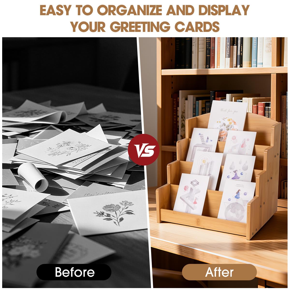 Homevany Bamboo Greeting Card Display Stand Holder - 4-Tier Sticker Organizer Rack, Trading Card Holder Retail Photos Shelf for Vendors Craft Collection & Show.