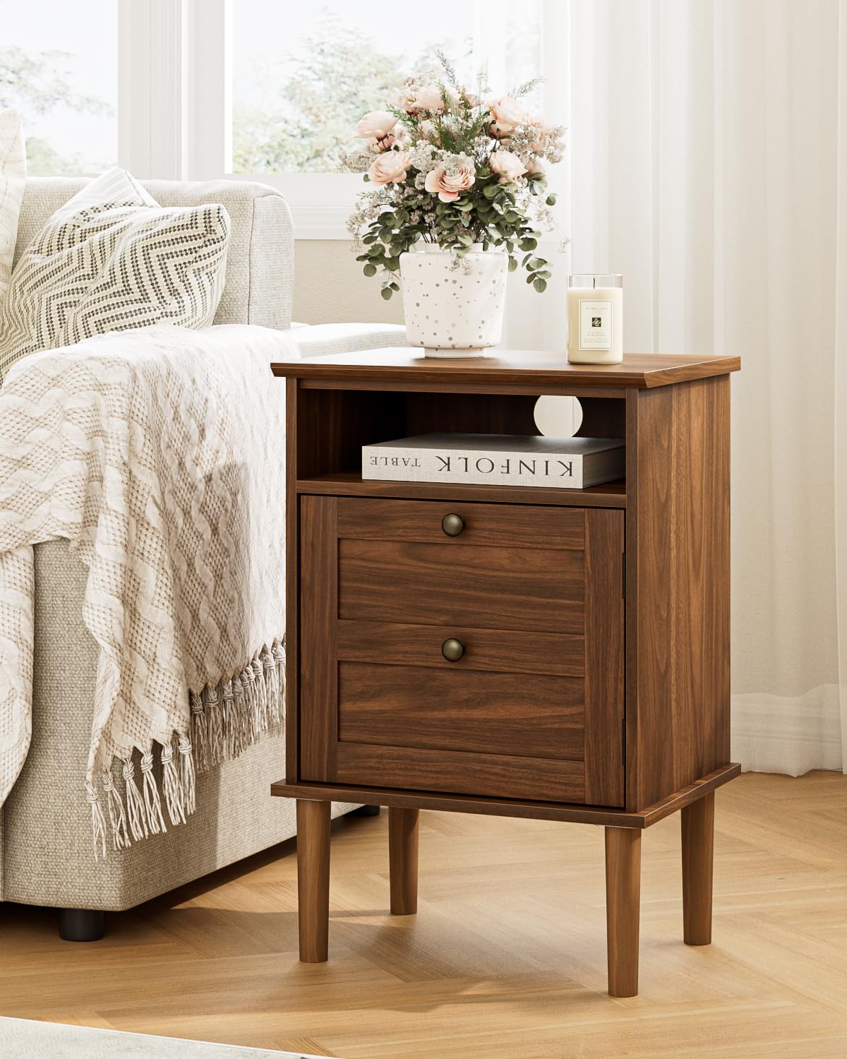 Apetaccat Nightstand, Boho Night Stand with 1 Drawer, Modern Side Accent Table with Open Shelf, Wooden Top Bedside End Table for Bedroom, Living Room, Walnut