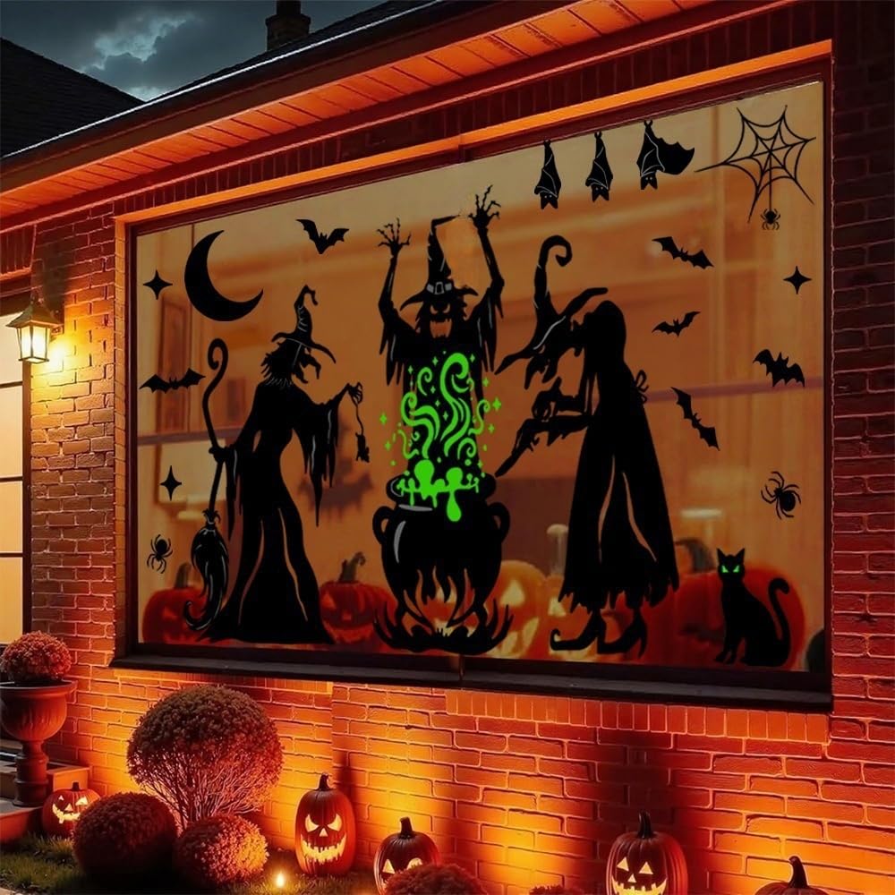 Vellibring Halloween Window Clings Decorations,Extra Large Double-Sided Reusable Decals Halloween Witches Bat Silhouette Stickers for Home Office School Glass Window Decor