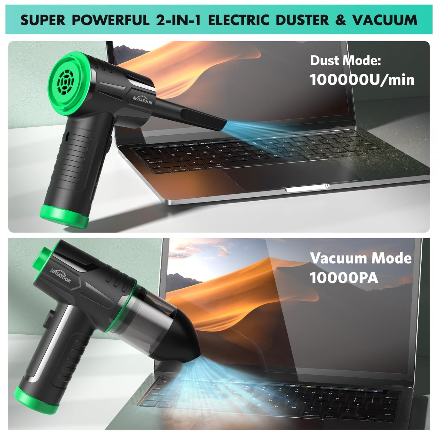 2-in-1 Computer Vacuum Cleaner，Compressed Air Duster Blower，100000 RPM & 10 Kpa Cordless Car Hoover, Portable Handheld Keyboard Cleaner Kit for PC Computer Desk Dust Cleaning，Green