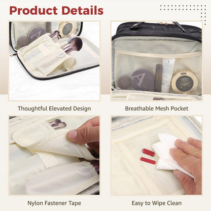 DORMIYA Black Travel Makeup Bag for Women - Large Capacity Cosmetic Organizer, Multi-Layer Toiletry Bag with Handle, Waterproof PU Leather Portable Makeup Zippered Case with Standing Brush Holder