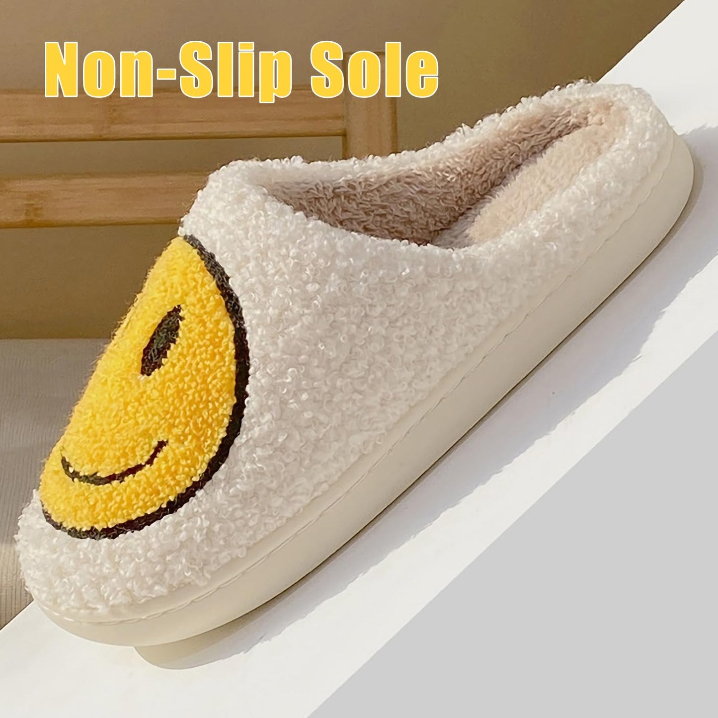 Smile Face Slippers for Women and Men, Retro Comfy Warm Soft Fuzzy Plush Slip-On House Shoes Funny Cute Happy Smile Home Winter Pillow Cloud Foam Fluffy Slipper for Indoor Outdoor,Black Size 12 13
