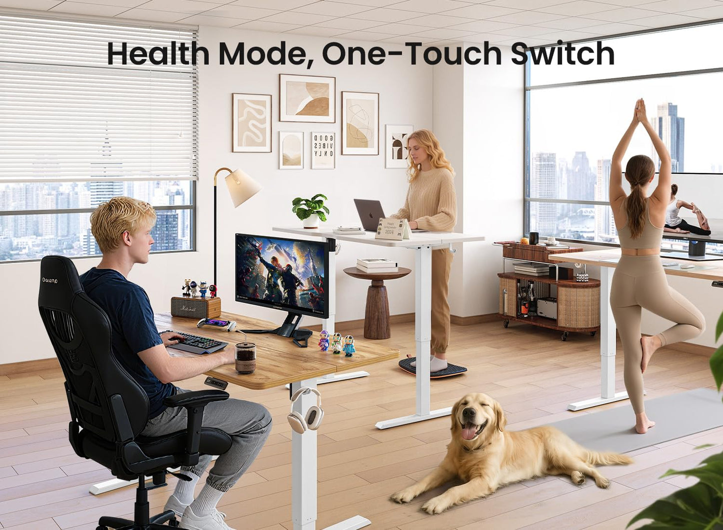 BANTI 63 × 28 Inches Standing Desk, Ergonomic, Electric Height Adjustable, Sit and Stand Up, Computer Office Desk with Splice Board, White Frame/Maple Top
