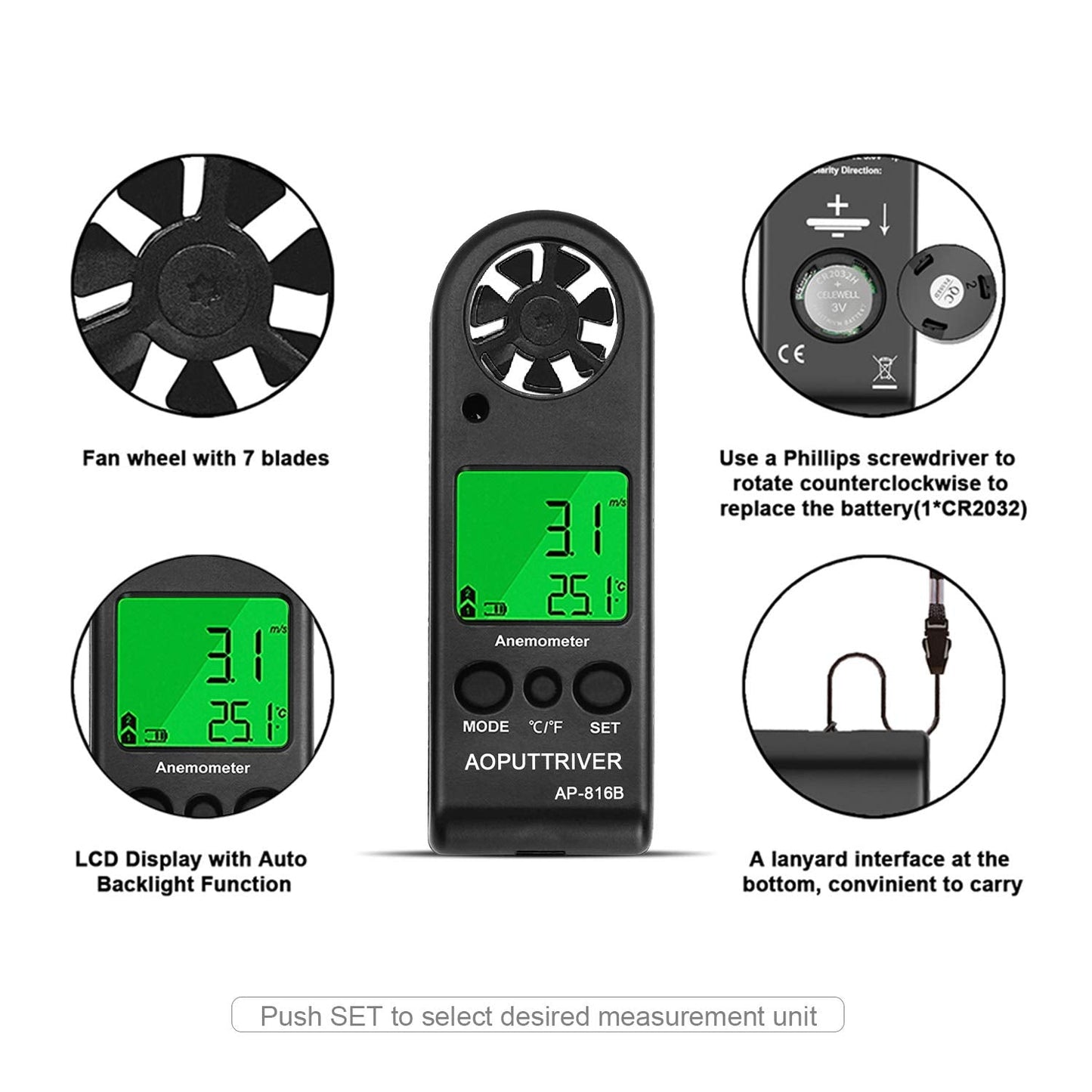 AOPUTTRIVER Anemometer Handheld Wind Speed Meter, AP-816B Anemometer for Measuring Wind Speed, Temperature and Max/Average, Mini Anemoeters for Windsurfing Sailing Outdoor Activities