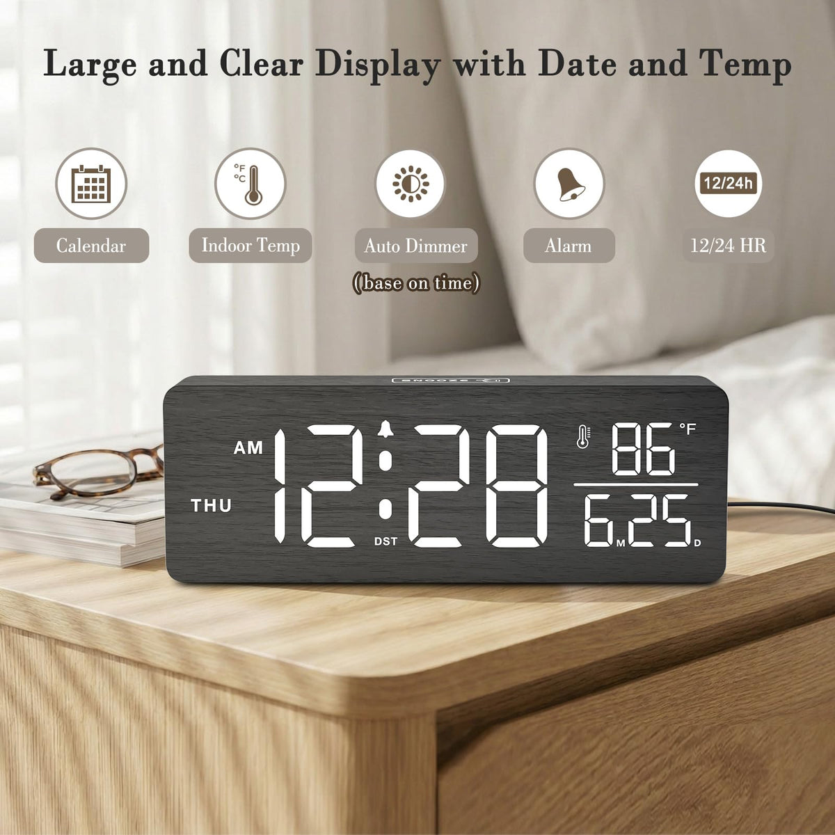 DreamSky Wooden Digital Alarm Clock with Date & Day of Week for Bedroom