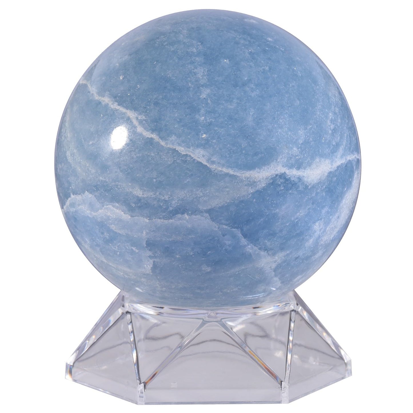 Rockcloud Natural Blue Celestite Crystal Ball with Acrylic Stand Polished Decorative Sphere Figurine Sculpture for Divination, 2.79-3.14 Inches