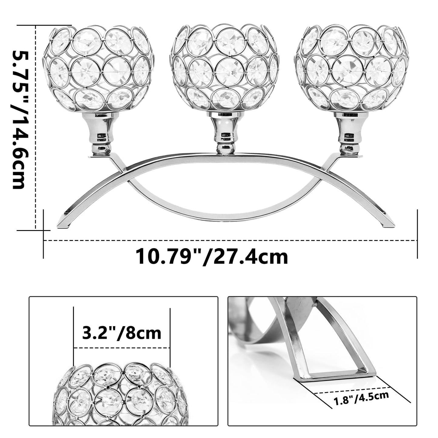 3-Arm Arched Crystal Candelabra, Sliver Candle Holder Table Centerpiece for Wedding, Home Decor, Dining, Party, Thanksgiving & Christmas Decoration(2PCS)