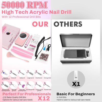 Electric Nail Drill Professional, 50000RPM Electric Nail File Portable Nail Drill Kit 6000mAh Rechargeable Machine for Acrylic Gel Nail, Manicure Pedicure Polishing Nail for Salon Home Purple