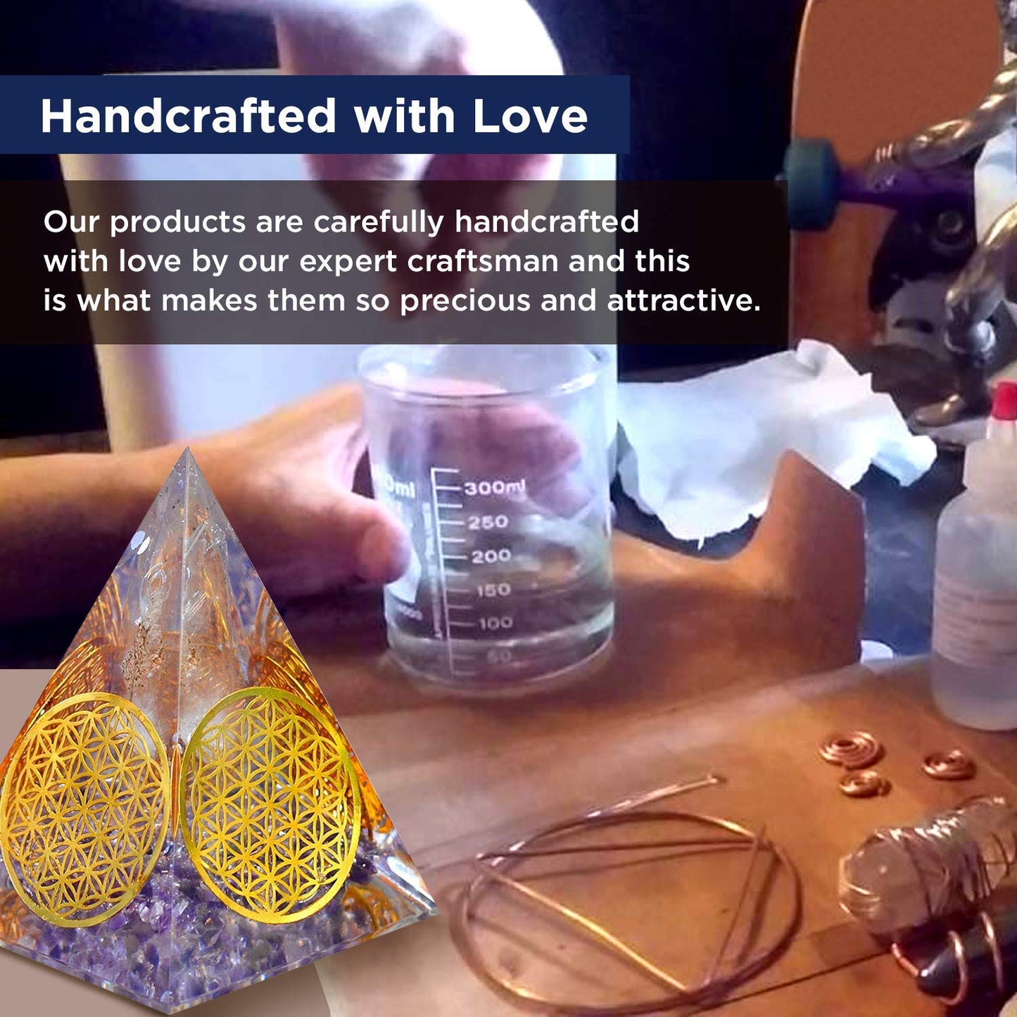Orgonite Crystal Handmade Amethyst Pyramid with Flower of Life Symbol – Resin Decor for Meditation, Yoga, Chakra Balancing, Spiritual Gift, Desk or Home Display