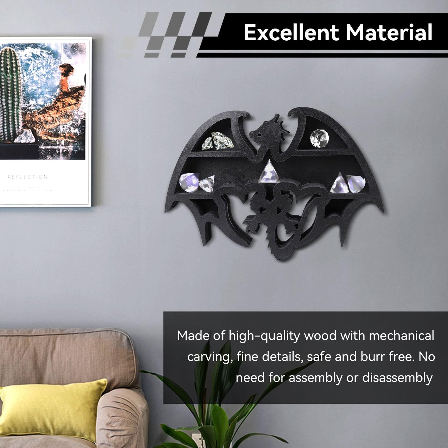 Jwthee Crystal Display Shelf, Wooden Floating Shelf Dragon Shape Design Display Shelfs Floating Wall Shelves Crystal Display Holder for Storing Crystals Stones and Essential Oils