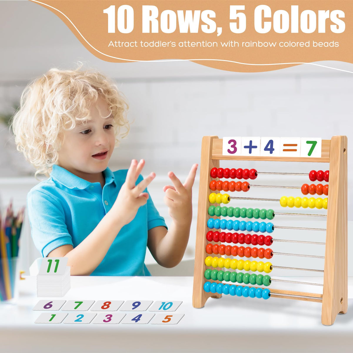 Ranqibo Wooden Abacus for Kids Math - 10-Row Counting Toy with 100 Beads, Number Cards & Counting Sticks, Educational Counters for Kids Math Gift for Age 3 4 5 6 7 Year Old Boy Girl