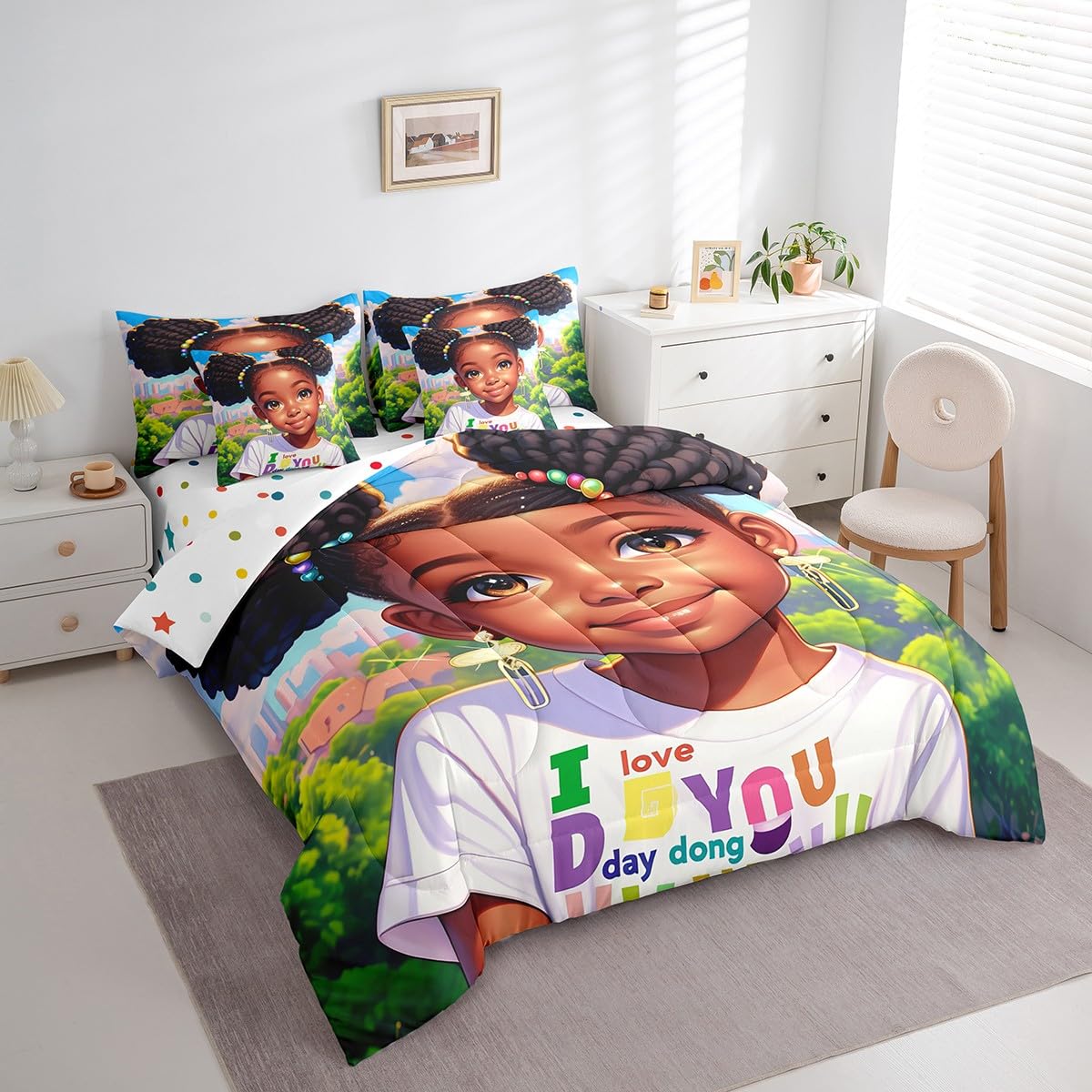 Twin Size 7 Pcs American Style Girl Bedding Set,Black Cute Girly Bed Sheet,African American Cartoon Reversible Printed Quilt Set+Flat Sheet+Fitted Sheet+2 Pillowcases+2 Throw Pillow Covers