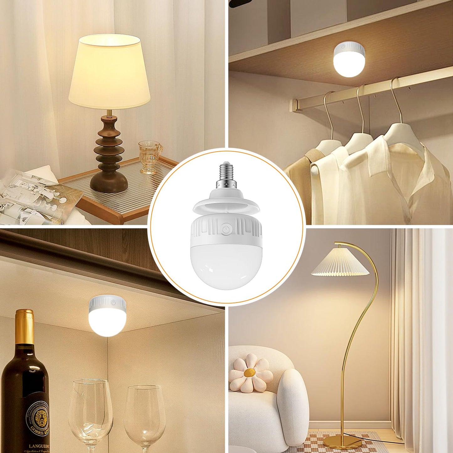 LGMCF Rechargeable Light Bulb, E14 Dimmable Light Bulb with Magnetic Base Detachable, 3 Color 6W Portable Battery Operated Bulbs with Remote Control & Timer for Non Hardwired Lamps, Emergency, 2 Pack