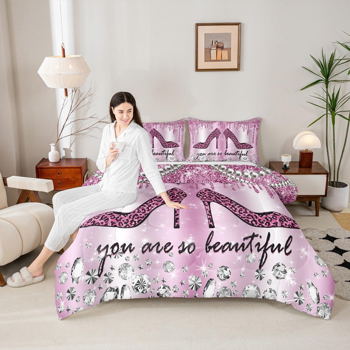 Purple Leopard Glitter Comforter Set Kids Girls Diamond Starry Galaxy Bedding Set Queen Size Sparkling Jewelry Quilt Set for Youth Women Bedroom Decor Modern Romantic High Heels Duvet Insert 3pcs
