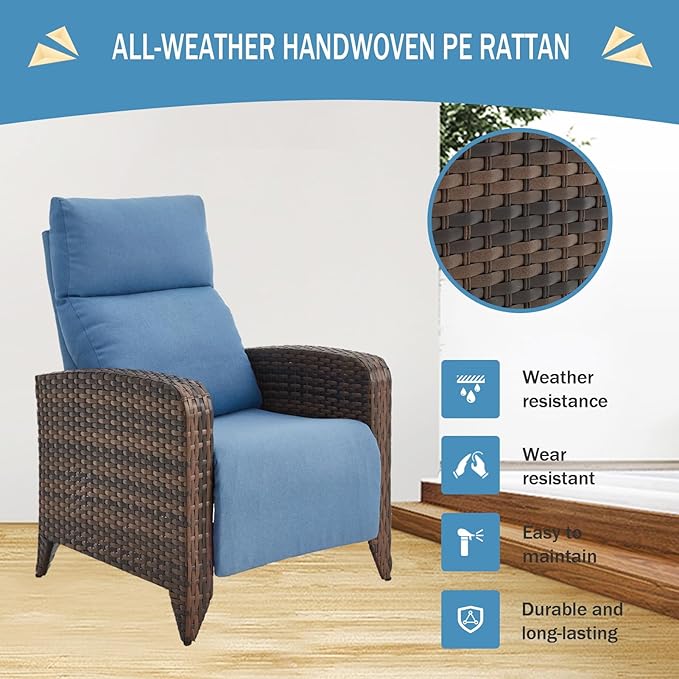 Outdoor Recliner Chairs Set of 2 Reclining Patio Chairs with Adjustable Back and Extended Footrest Wicker Rattan Recliner Chairs with Flip Table and Removable Cushion