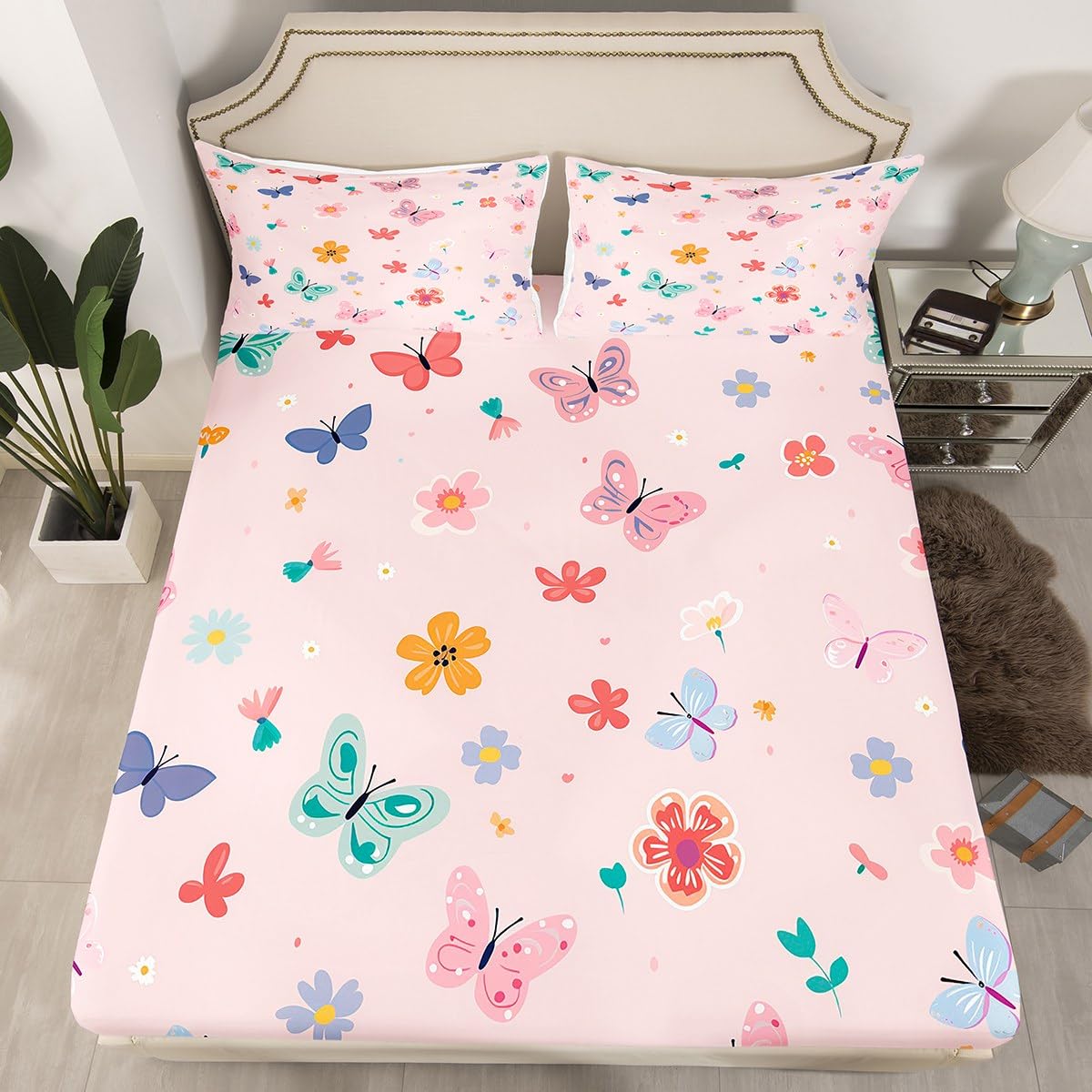 Erosebridal Kawaii Butterfly Twin Bedding Set,Cute Pink Floral Fitted Sheet for Girls Kids,Coquette Flower Garden Bed Set,Pink Girly Princess Bed Sheets 2Pcs Room Decor (No Flat Sheet)