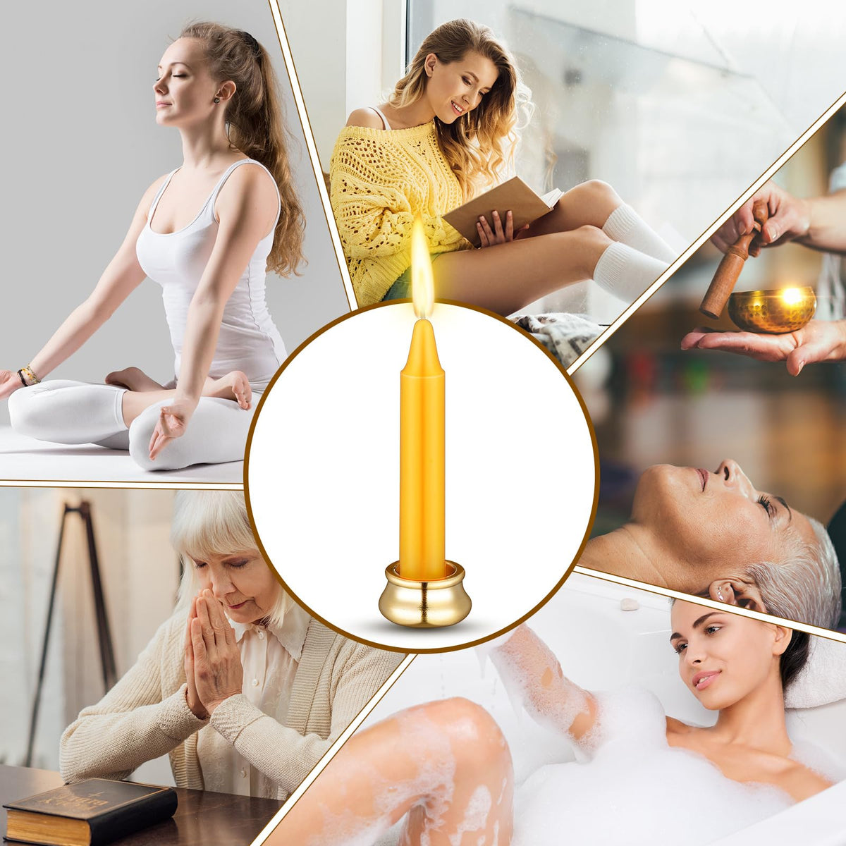 Threlaco 52 Pcs 30 Minute Mindful Meditation Candle Bulk Mini Taper Chime Candles Ritual with Brass Taper Holder Canvas Bag Prayer Gift for Yoga Relaxation Spiritual Reflection (Classic Color)