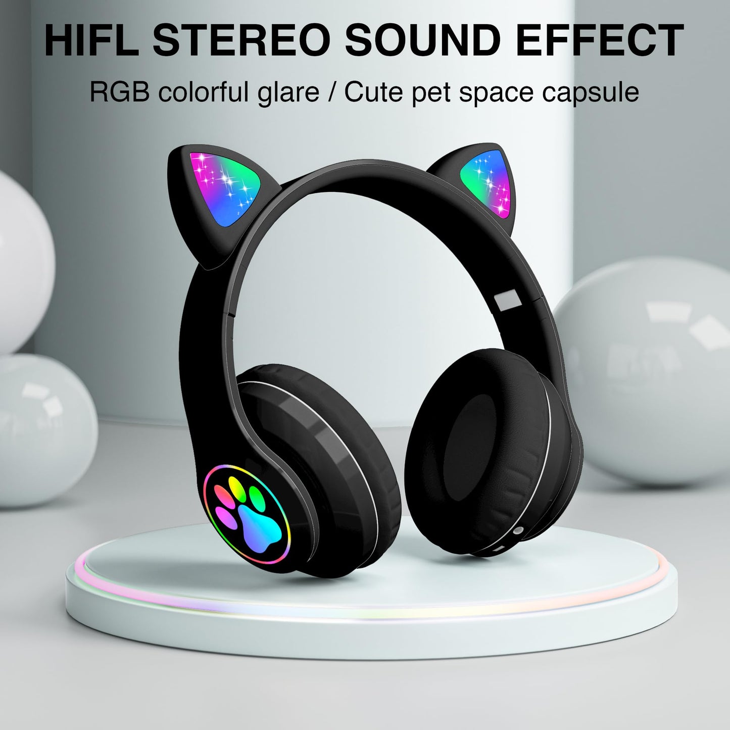 KERHAND Bluetooth Noise Cancelling Headphones for Kids,Foldable Cat Headphone with LED Light Up Ear,Cat Ear Headphones for Toddler with Microphone/TF Card,Kids Bluetooth Headphones for ipad