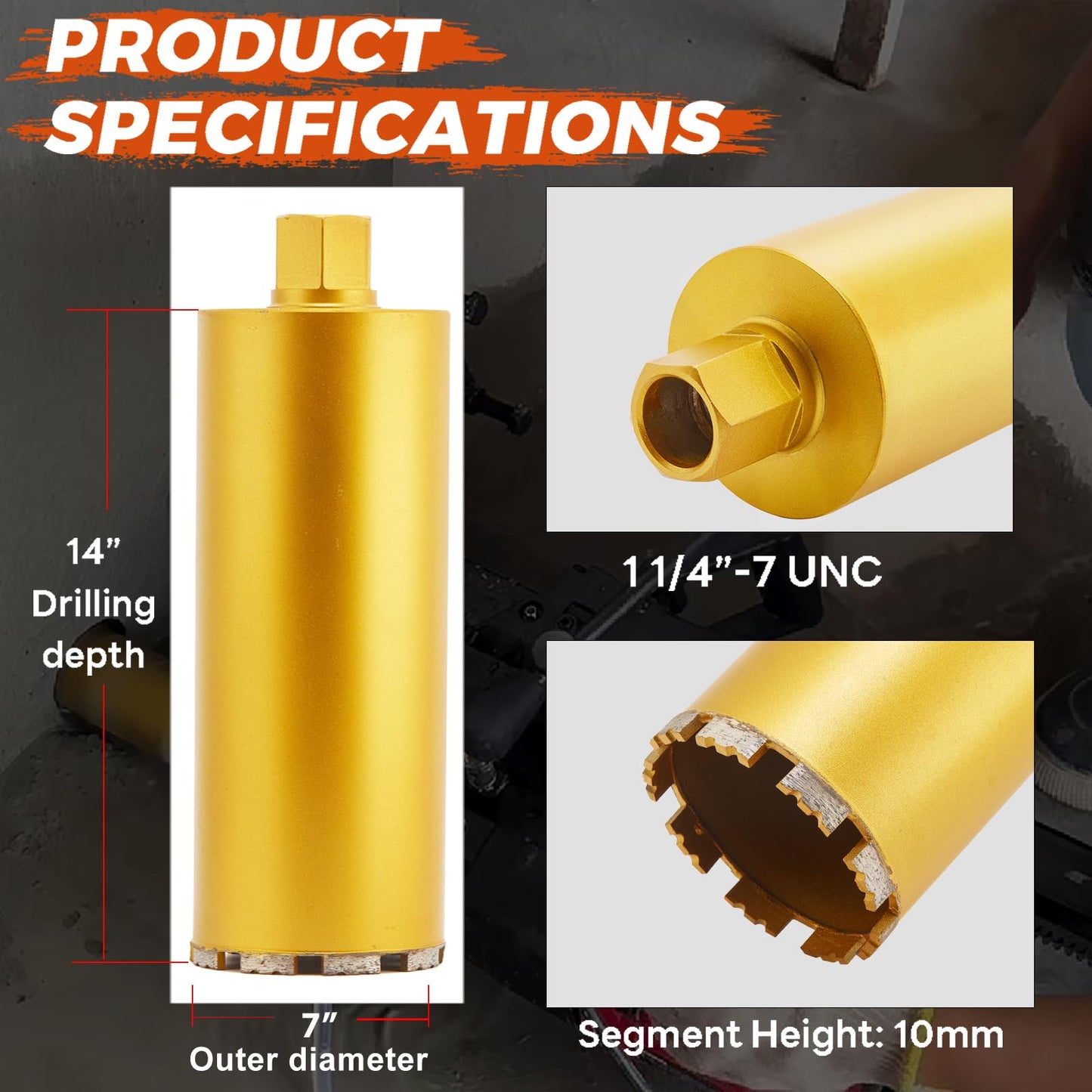 DaduoRi 7" Wet Core Drill Bit & SDS Max Shank Drill Adapter - 7" Diameter Core Bits for Concrete, 14" Drilling Depth, 1-1/4"-7 Thread Diamond Core Bit for Cured Concrete, Masonry, Brick