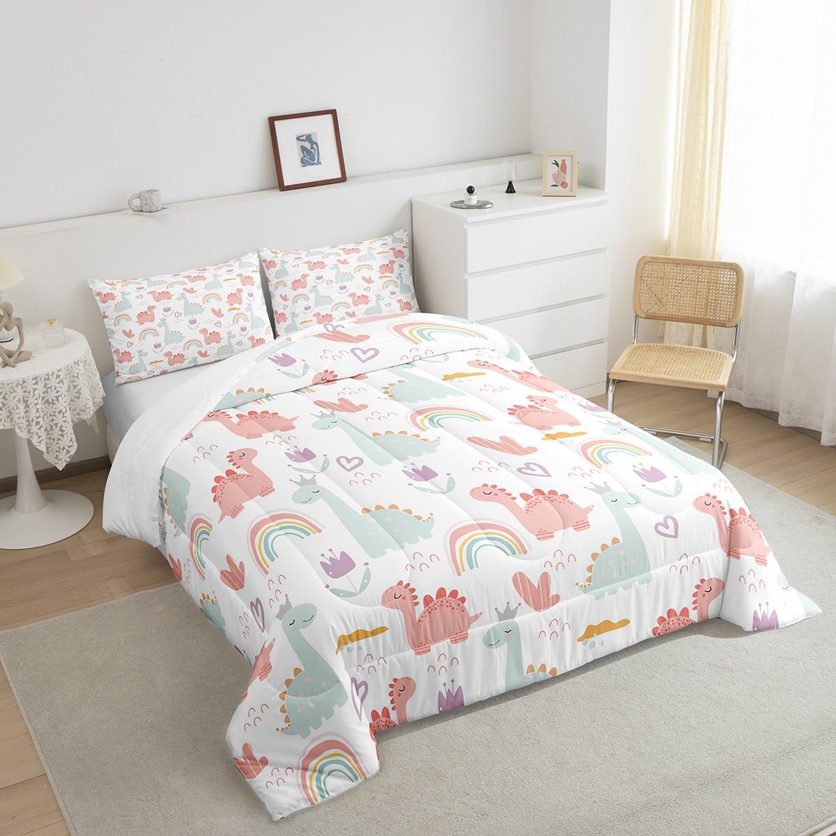 Feelyou Cartoon Dino Comforter Set Full, Pink Green Dinosaur Comforter Cute Jungle Dino Comforter Set for Kids Boys Girls Cute Rainbow Duvet Set Microfiber Quilt Set