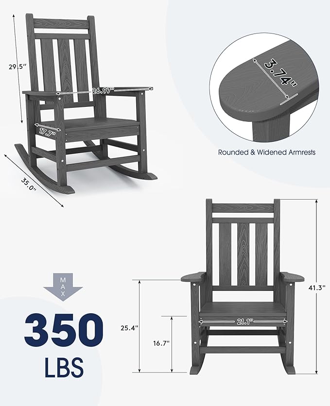 KINGYES Oversized Outdoor Rocking Chair, All-Weather Patio Rocking Chairs for Porch, HDPE Outdoor Patio Rockers with High Back & Wide Seat for Garden, Lawn, Gray