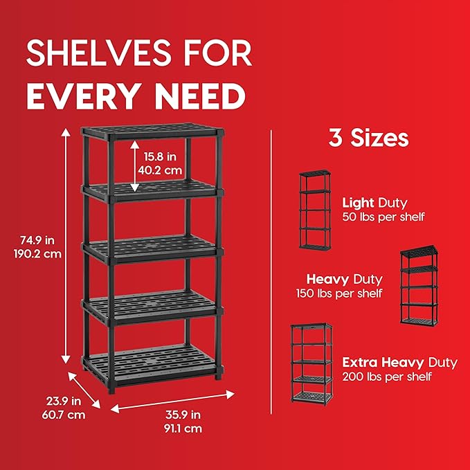 IRIS USA 5-Shelf Extra Heavy Duty Deep Plastic Storage Shelves, 1000lb Capacity, 75" H x 36" W x 24" D, Large Modular Shelving Unit Storage Organizer for Garage, Home, Warehouse & Gym, Rack - Black